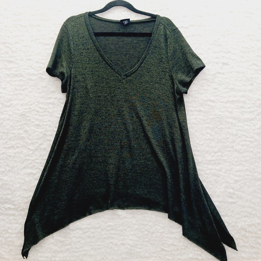 Tunic Blouse Olive Black Tweed Knit Casual Sharkbite Hem Relaxed Fit Grunge Sz L